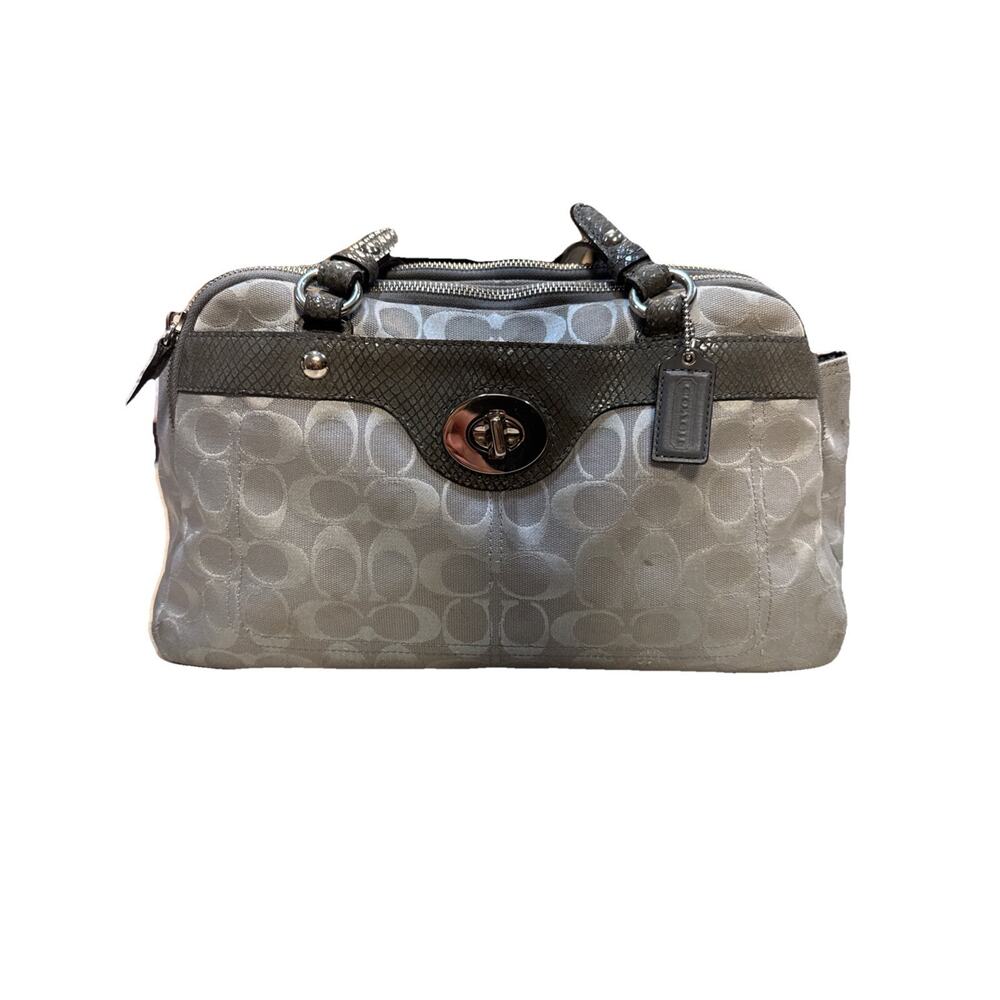 Coach F16542 Penelope Gray Signature Canvas Turnlock Satchel Tote Leather Trim